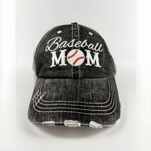 Baseball Mom Gray Ball Cap/Hat Mesh Hook/Loop Adjustment Strap Distressed Style.